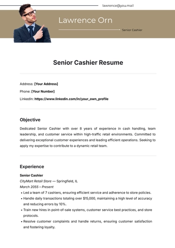 Free Senior Cashier Resume Template to Edit Online
