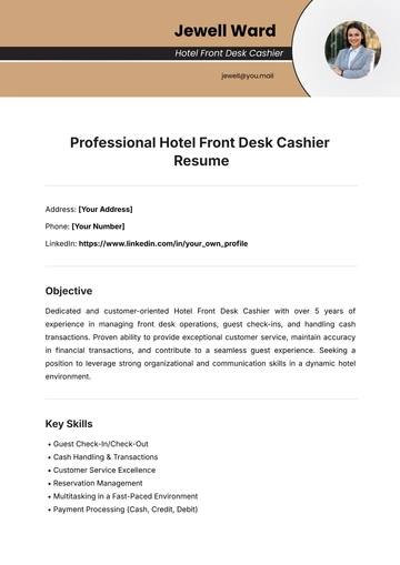 Free Professional Hotel Front Desk Cashier Resume Template to Edit Online