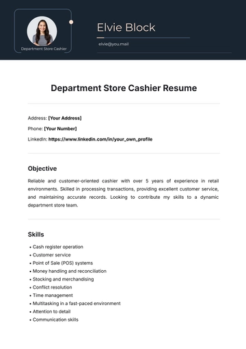 Free Department Store Cashier Resume Template to Edit Online
