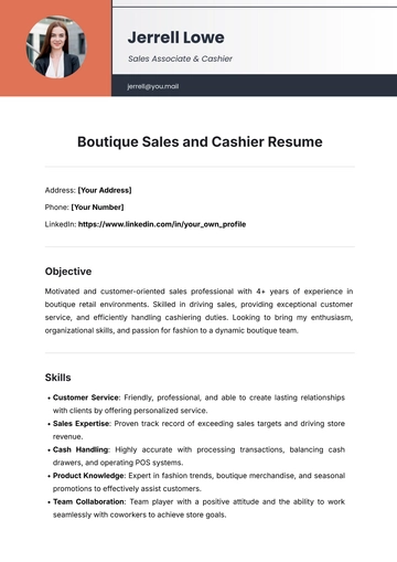 Free Boutique Sales and Cashier Resume Template to Edit Online