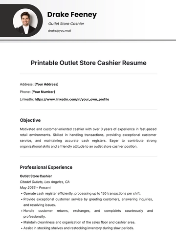 Free Printable Outlet Store Cashier Resume Template to Edit Online