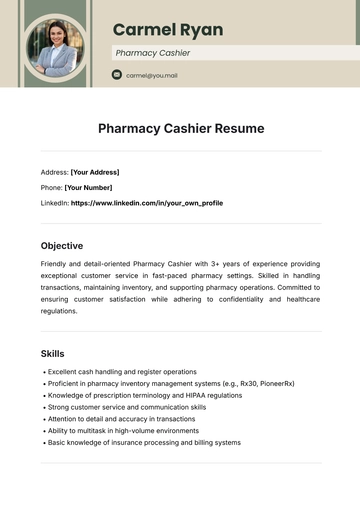 Free Pharmacy Cashier Resume Template to Edit Online