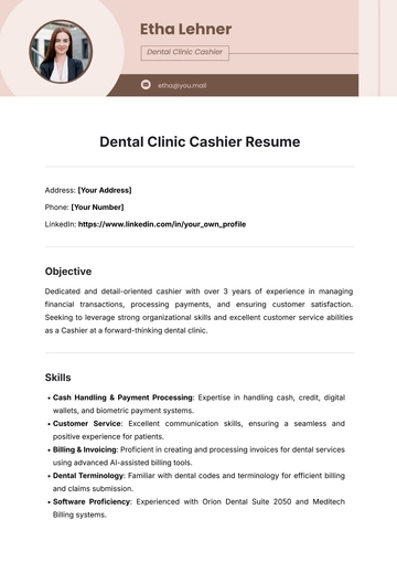 Free Dental Clinic Cashier Resume Template to Edit Online