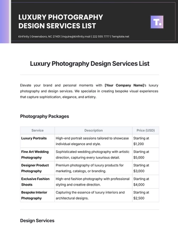 Free Luxury Photography Design Services List Template to Edit Online