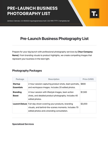 Free Pre-Launch Business Photography List Template to Edit Online