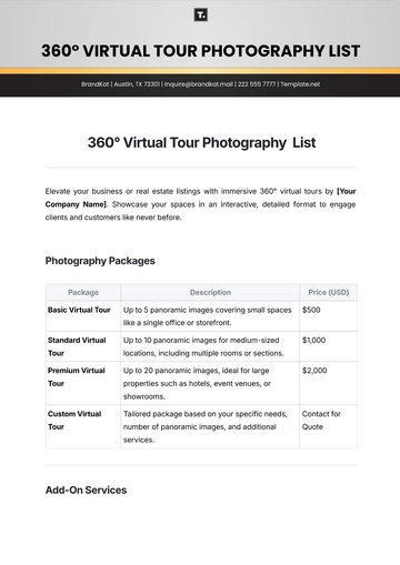Free 360?? Virtual Tour Photography  List Template to Edit Online