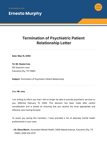 Free Termination of Psychiatric Patient Relationship Letter Template to Edit Online