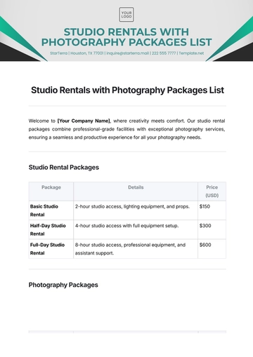 Free Studio Rentals with Photography Packages List Template to Edit Online