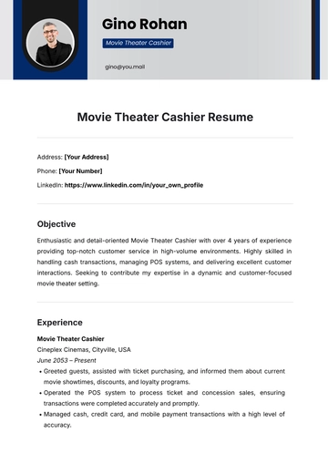 Free Movie Theater Cashier Resume Template to Edit Online