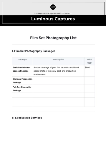 Free Film Set Photography List Template