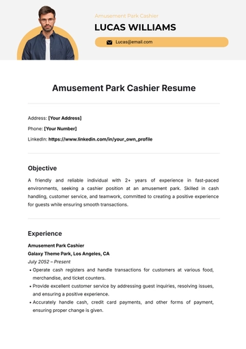 Free Amusement Park Cashier Resume Template to Edit Online