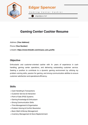 Free Gaming Center Cashier Resume Template to Edit Online