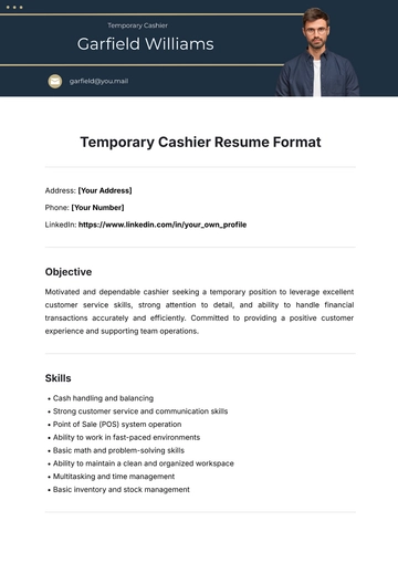Free Temporary Cashier Resume Format Template to Edit Online