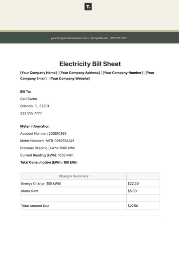 Free Electricity Bill Sheet Template to Edit Online