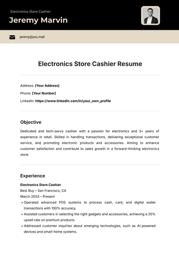 Free Electronics Store Cashier Resume Template to Edit Online
