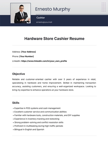 Free Hardware Store Cashier Resume Template to Edit Online