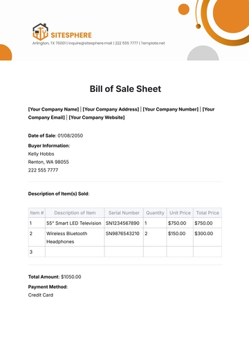 Free Bill of Sale Sheet Template to Edit Online