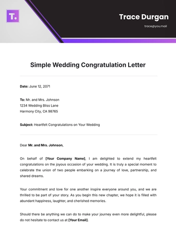Free Simple Wedding Congratulation Letter Template to Edit Online