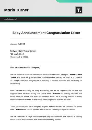 Free Baby Announcement Congratulation Letter Template to Edit Online