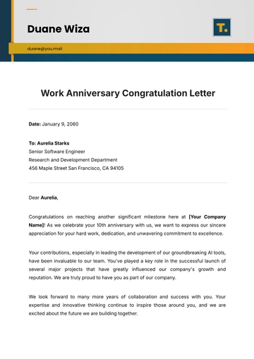 Free Work Anniversary Congratulation Letter Template to Edit Online