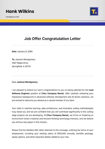 Free Job Offer Congratulation Letter Template to Edit Online