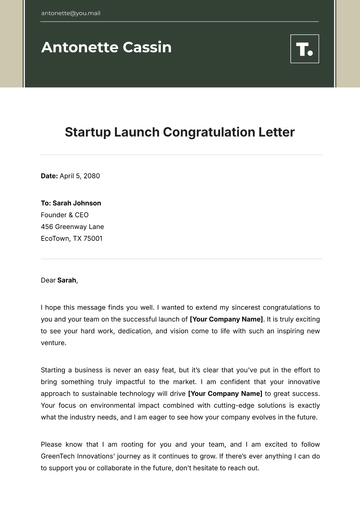 Free Startup Launch Congratulation Letter Template to Edit Online