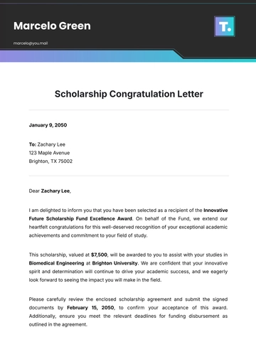Free Scholarship Congratulation Letter Template to Edit Online