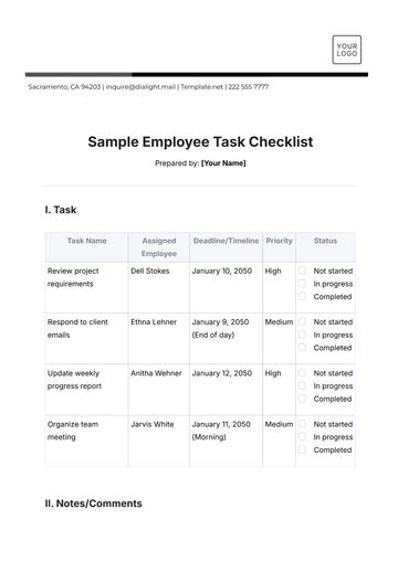 Free Sample Employee Task Checklist Template to Edit Online