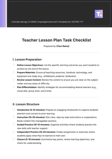 Free Teacher Lesson Plan Task Checklist Template to Edit Online