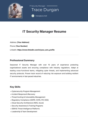 Free IT Security Manager Resume Template to Edit Online