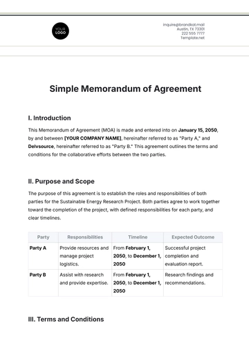 Free Simple Memorandum of Agreement Template to Edit Online