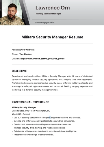 Free Military Security Manager Resume Template to Edit Online