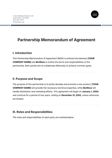 Free Partnership Memorandum of Agreement Template to Edit Online