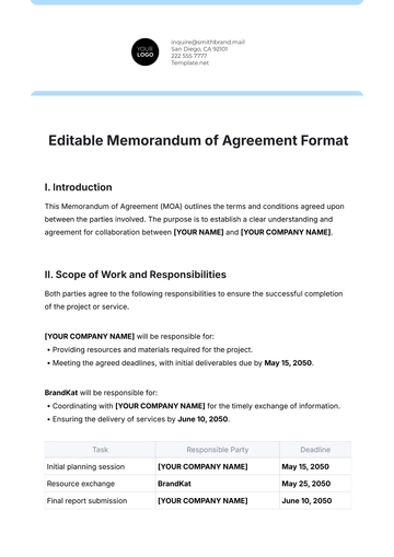 Free Editable Memorandum of Agreement Format Template to Edit Online
