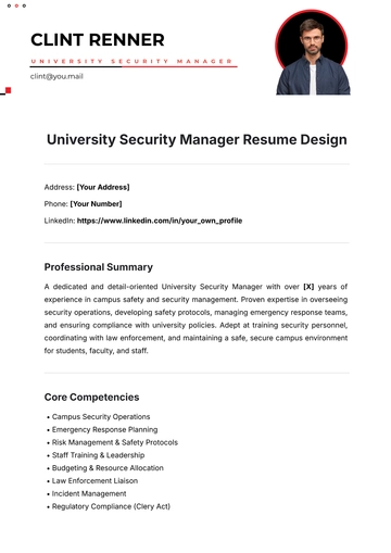 Free University Security Manager Resume Design Template to Edit Online