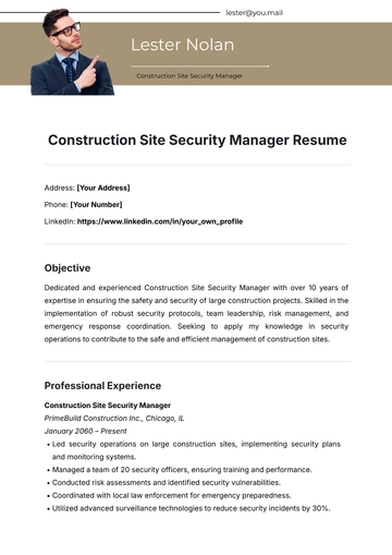 Free Construction Site Security Manager Resume Template to Edit Online
