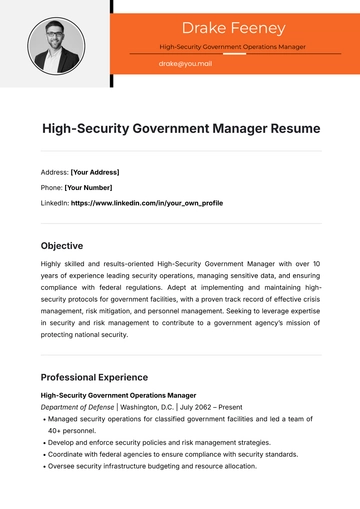 Free High-Security Government Manager Resume Template to Edit Online