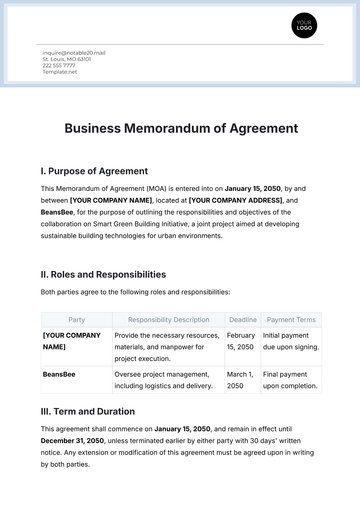 Free Business Memorandum of Agreement Template to Edit Online