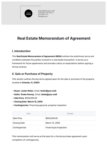 Free Real Estate Memorandum of Agreement Template to Edit Online