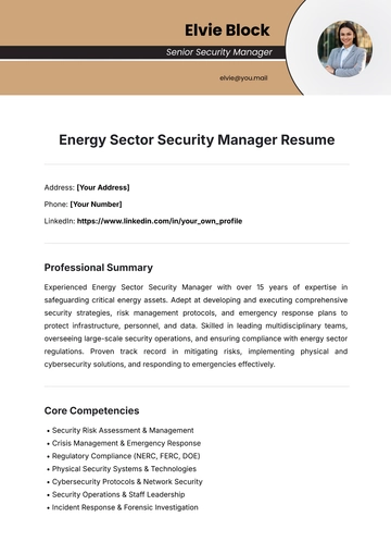 Free Energy Sector Security Manager Resume Template to Edit Online