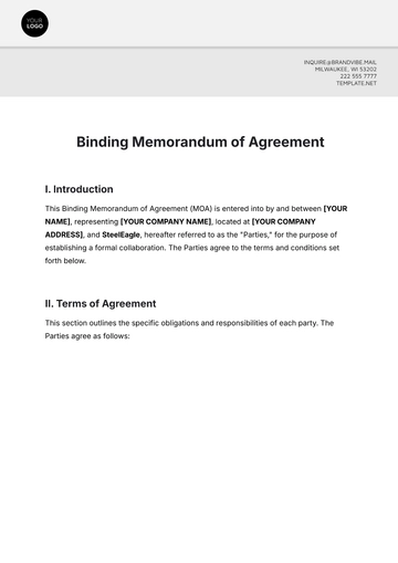 Free Binding Memorandum of Agreement Template to Edit Online