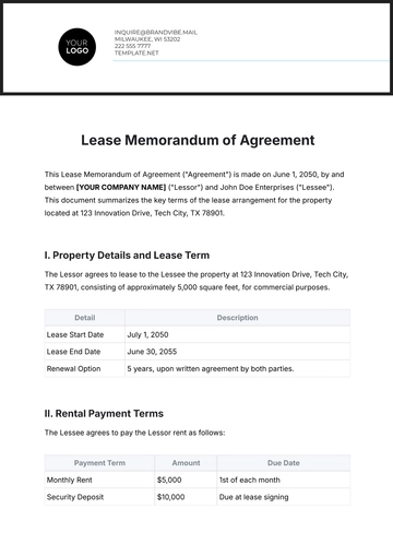 Free Lease Memorandum of Agreement Template to Edit Online