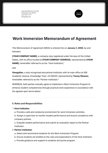Free Work Immersion Memorandum of Agreement Template to Edit Online