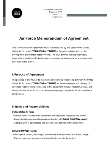 Free Air Force Memorandum of Agreement Template to Edit Online