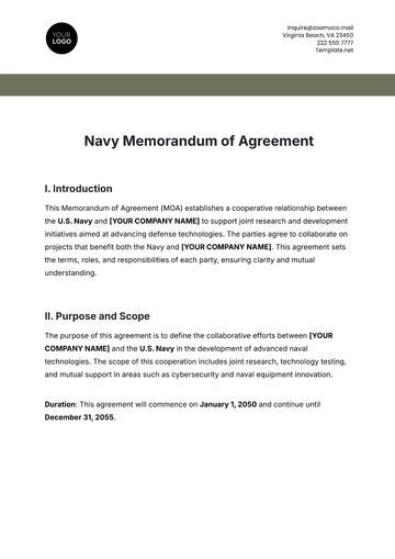 Free Navy Memorandum of Agreement Template to Edit Online
