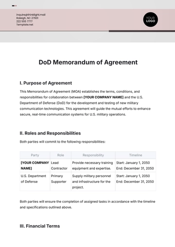 Free Dod Memorandum of Agreement Template to Edit Online