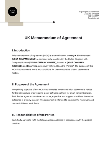 Free UK Memorandum of Agreement Template to Edit Online
