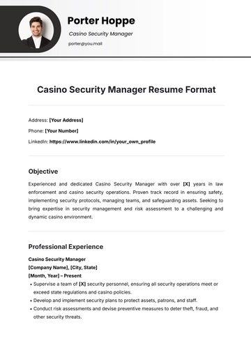Free Casino Security Manager Resume Format Template to Edit Online