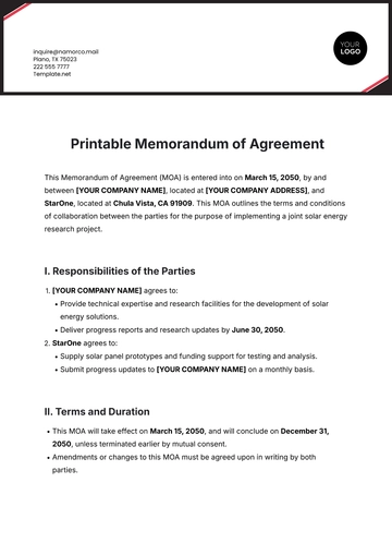 Free Printable Memorandum of Agreement Template to Edit Online