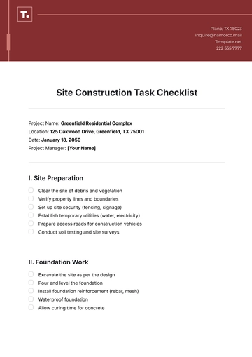 Free Site Construction Task Checklist Template to Edit Online